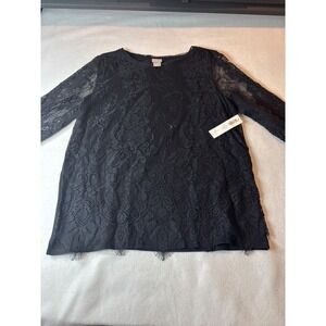 Chico's Lace Front Knit Top Women Size 1 M Black NEW Floral Sheer Sleeve Fringe